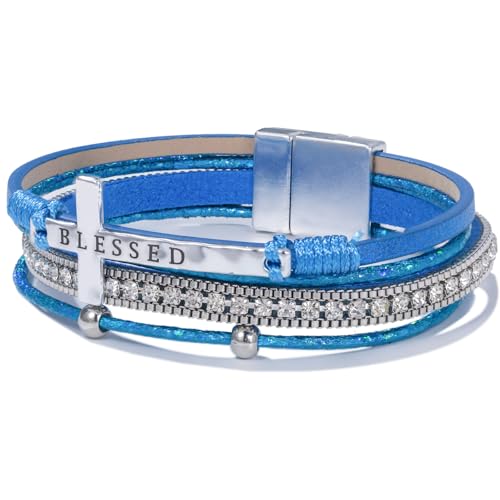 Christian Cross Leather Bracelets Boho Western Blessing Religious Jewelry - color: Royal Blue