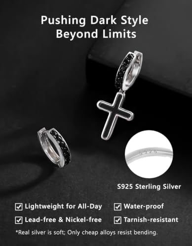 KRKC&CO Dangle Cross Earrings for Men, Sterling Silver Plated Black Drop - color: Silver-G