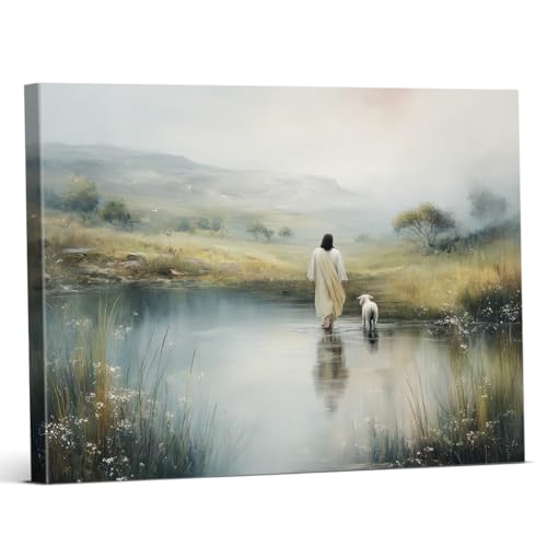 Christian Jesus Good Shepherd Wall Art Print - Jesus and Lamb Landscape Canvas Picture Painting Religious Wall Decor for Farmhouse Home Prayer Room 8x10 Framed - color: color-W