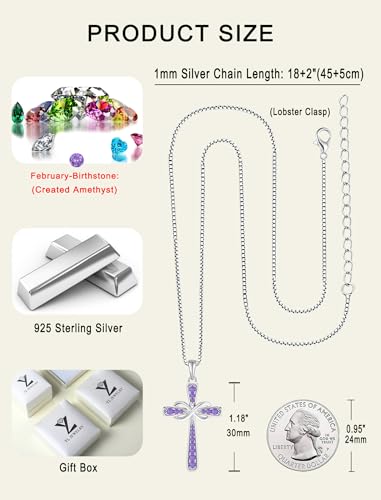 YL 925 Sterling Silver Cross Necklace for Women Halo Infinity Pendant Cubic Zirconia Jewelry for Mom - color: 02-amethyst-Feb