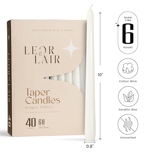 Leor & Lair White Taper Candles 40 Pack, 10 Inch Unscented Candlesticks - color: White