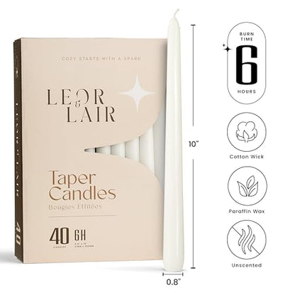 Leor & Lair White Taper Candles 40 Pack, 10 Inch Unscented Candlesticks - color: White