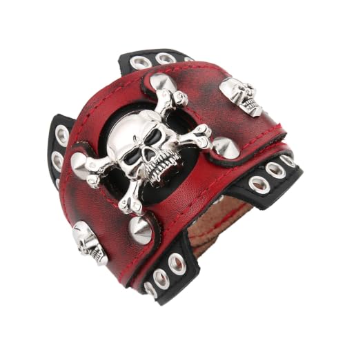 HZMAN Leather Bracelets Retro Men's Leather Cuff Bracelet Adjustable Wide Wristband Bracelet Jewelry Gift - color: Red-Skull