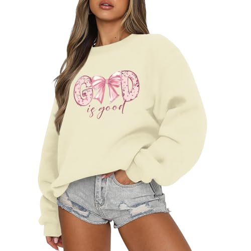 KEEVICI God Is Good Christian Sweatshirts for Women Bow Jesus Cute Bible Verse Sweatshirt Faith Religious Graphic Hoodies - color: Apricot, size: XX-Large