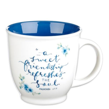 Christian Art Gifts Blue Floral Ceramic Coffee Mug – 14 oz. Microwave and Dishwasher-safe Inspirational Scripture Coffee and Tea Mug for Friends with Bible Verse: A Sweet Friendship – Proverbs 27:9 - color: Blue/Sweet Friendship