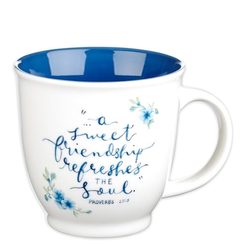 Christian Art Gifts Blue Floral Ceramic Coffee Mug – 14 oz. Microwave and Dishwasher-safe Inspirational Scripture Coffee and Tea Mug for Friends with Bible Verse: A Sweet Friendship – Proverbs 27:9 - color: Blue/Sweet Friendship