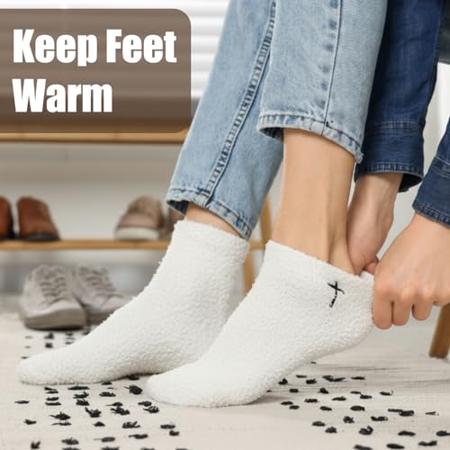 Cutecrop 5 Pairs Christian Gifts Socks Cross Print Fuzzy Socks Jesus Gifts Religious Fluffy Cozy Slipper Sock for Women Men - color: White