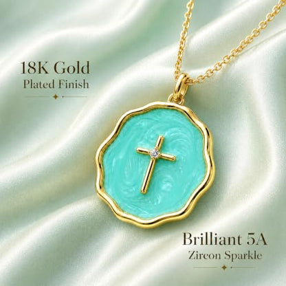 Enamel Cross Necklace for Women 18K Gold Plated Christian Pendant - color: Green