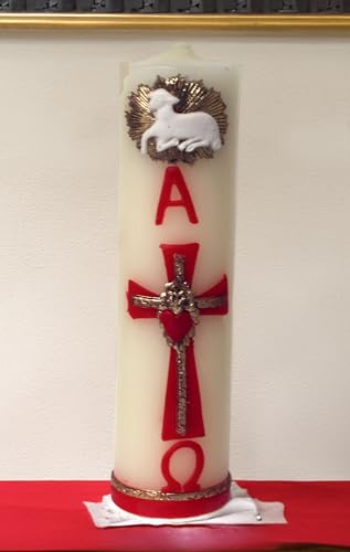 Red Gold Cross Jesus Sacred Heart 1st Confirmation Unique Paschal Gold-Tone Candle Alpha Omega Cross Sheep Baptism Easter Lent Batuizo Devotional Cirio CONFIRMACION