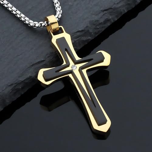 MGOOL Son Gifts From Mom To My Son Necklace From Dad Faith Cross Necklace Present Graduation Birthday Gifts Message Card＆LED Gift Box - color: SN928 Gold-black Wooden Led Box