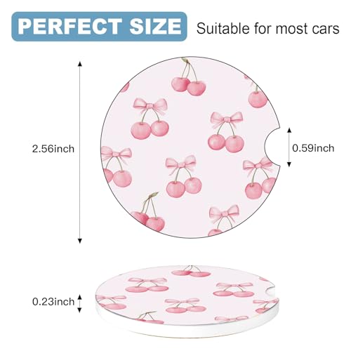 Ceramic Car Cup Holder Coasters Set of 2, 2.56 in Pink Bow Cherry - color: Pink Bow Cherry