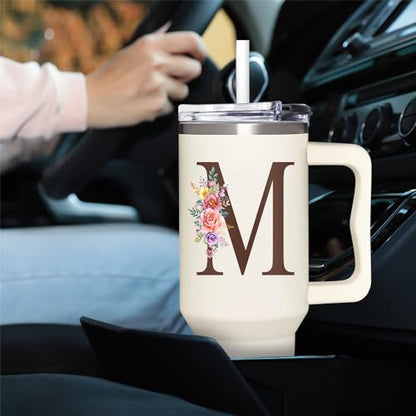 Personalized Gifts for Women, Customized Mother's Day, Birthday, Xmas Gift For Grandma, Mom, Wife, Friends, Sisters, Coworkers, Monogrammed Tumbler 40oz with Lid and Straw - color: M