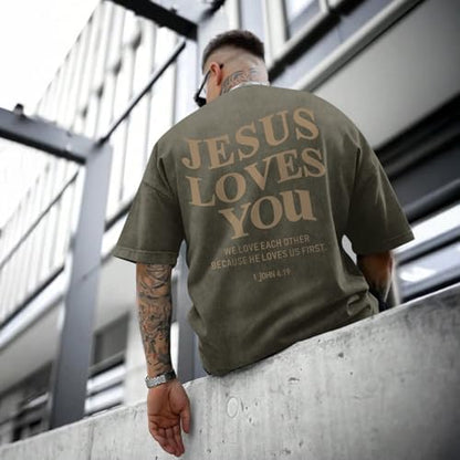 Mens Christian Shirts Jesus is King Love You Tshirt God Faith Religious Bible Verse Oversized Acid Wash Graphic Tees - color: Army Green, size: X-Small