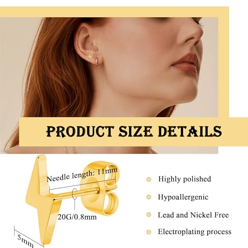 Geometric Titanium Stud Earrings – Hypoallergenic, Minimalist & Versatile - color: Lightning Bolt – Gold