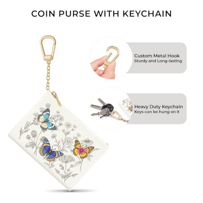 Butterfly Floral Keychain Coin Purse for Women Small Change Pouch - color: Butterfly Floral