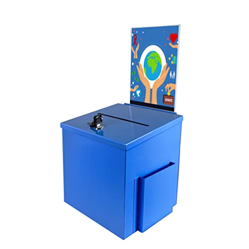FixtureDisplays® Blue Metal Donation Box Suggestion Tithes Offering Box with Sign Holder 8.5X8.1X18" 10918-Blue+11460-2