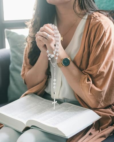 Rosary Beads for Women - Catholic Rosary Beads with Cross, Pink Crystal Rosary Necklace with Velvet Pouch, Religious Gifts for Women - color: Crystal