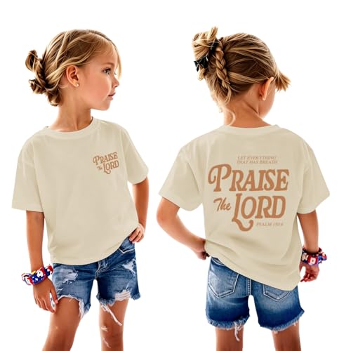 Fkatuzi Christian Shirts for Girls Praise The Lord Shirt Kids Jesus Faith Bible Verse God Religious Cute Graphic Tee Tops - color: Apricot, size: 3-4T
