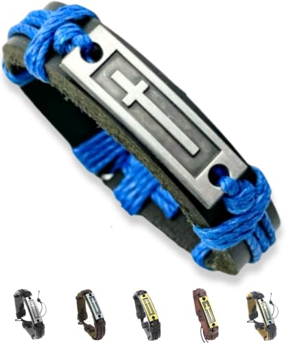 Men's Leather Cross Bracelet, Christian Bracelet for Teens and Men, Adjustable Faith Wristband for Everyday Wear, Confirmation Gifts for Teenagers - color: Black & Blue