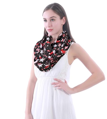 Lina & Lily Holiday Christmas Pattern Print Women's Infinity Scarf Lightweight - color: Black Red White, Sock Candy Star