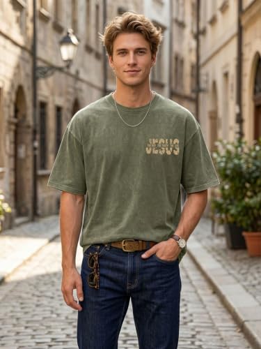 Eatbook Christian Shirts for Men Women Jesus Faith Oversized Acid Wash Tops - color: Armygreen, size: Medium