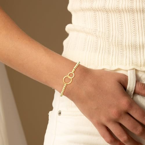 Beaded Bracelets for Women 14K Silver Gold Plated Stretch Handmade Ball Bracelets Cute Charm Bracelet Dainty Stackable Cross Heart Bow Wave CZ Circle Trendy Jewelry Easter Gifts - color: Gold-1