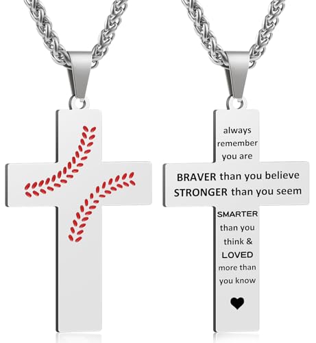 Baseball Cross Necklace for Men, Bible Verse Pendant Gifts for Birthday Christmas, Baptism Christian Religious Baseball Accessories Stuff Gifts - color: Silver, style: Always Remember