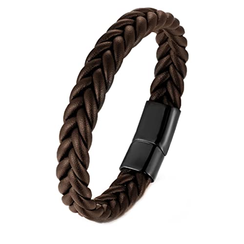 Handmade Braided Leather Bracelet, Black Stainless Steel Clasp, Mens, Cool Classic Stylish - color: Brown