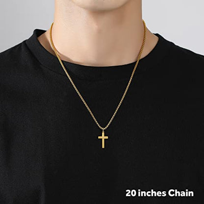 REVEMCN Christian Black Gold Silver Cross Necklace for Boys & Men, 16-22" - color: Gold - 0.8'' × 0.5'' beveled cross pendant, size: 18 inches