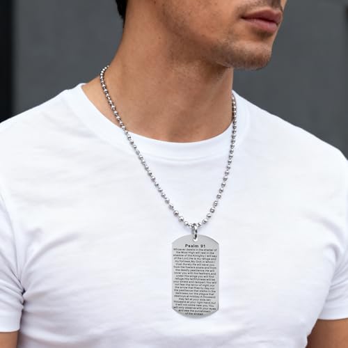 Christian Scripture Religious Dog Tag Necklace,Catholic Bible Verse Baptism Confirmation Sacrament Gifts - style: Psalms 91