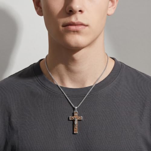Cross Necklace for Men 925 Sterling Silver & Wood Cross Pendant with Stainless Steel Chain Cross Necklace for Men Women Christian Jewelry Gift - color: Crucifix