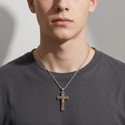 Cross Necklace for Men 925 Sterling Silver & Wood Cross Pendant with Stainless Steel Chain Cross Necklace for Men Women Christian Jewelry Gift - color: Crucifix