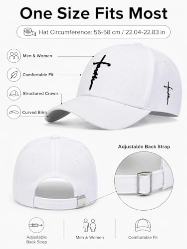 Embroidered Cross Baseball Cap, Christian Adjustable Snapback Hat for Men & Women, Structured Dad Hat with Jesus Faith Design - color: White
