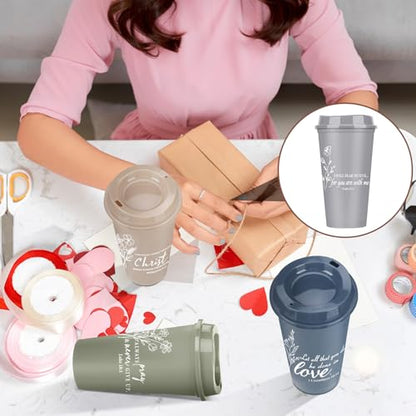 12 Pcs Fathers Day Cups Bulk Christian Gifts Plastic Reusable Coffee Cups with Lid 16 oz Inspirational Bible Verse Tumbler Religious Gift for Men Dad Church Sunday School(Morandi) - color: Morandi