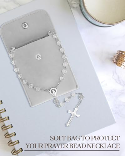 Rosary Beads for Women - Catholic Rosary Beads with Cross, Pink Crystal Rosary Necklace with Velvet Pouch, Religious Gifts for Women - color: Crystal