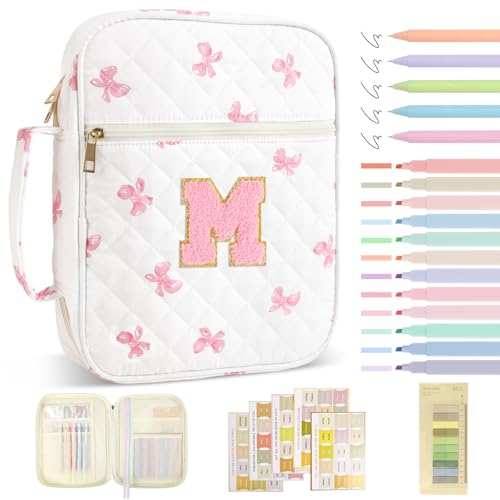 Personalized Initial Bible Cover Case for Women Girls Kid - Large Quilted Bible Case with Handle,Chenille Letter Bag Study Supplies,Christmas Gifts for Christians Birthday Graduation(Pink Bow-M) - color: Pink Bow, size: letter-M