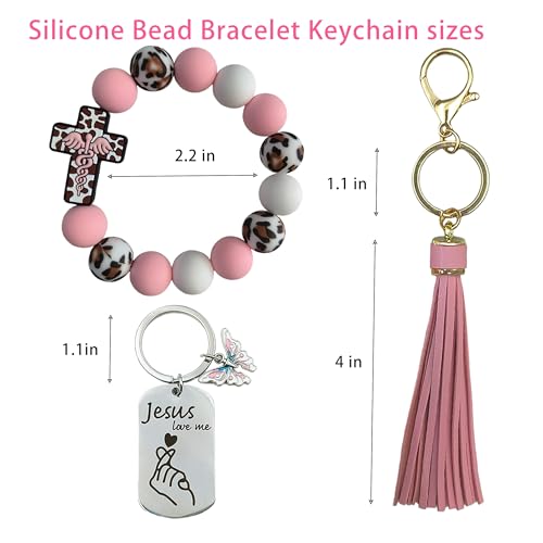 SHINYHARBOR Silicone Beaded Wristlet Keychain Bracelet,Key Wrist Keychains for Women Mom Teachers Best Friend - color: Cross-pink Angel