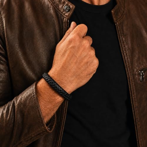 LONDON Mens Braided Leather Bracelet for Men, Adjustable Stainless Steel Clasp Wrist Bracelet, Motivational Meaningful Personalized Gift for Him, Birthday Fathers Day Gift for Him Husband Boyfriend Dad or Son, with Premium Gift Box, Handmade in Black & Br