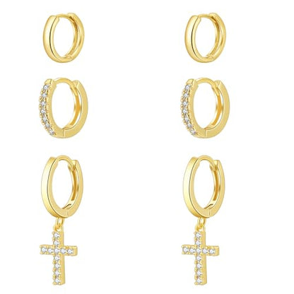Rotnso Gold Hoop Earrings Set for Women Hypoallergenic Trendy Huggie Stack - style: 3 Pairs Cross Hoops-GD