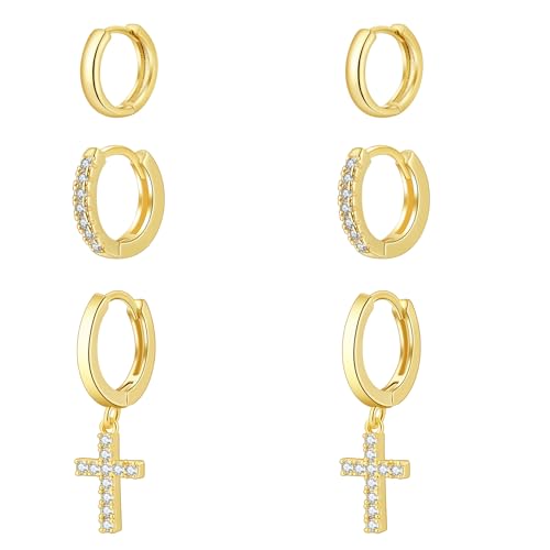 Rotnso Gold Hoop Earrings Set for Women Hypoallergenic Trendy Huggie Stack - style: 3 Pairs Cross Hoops-GD