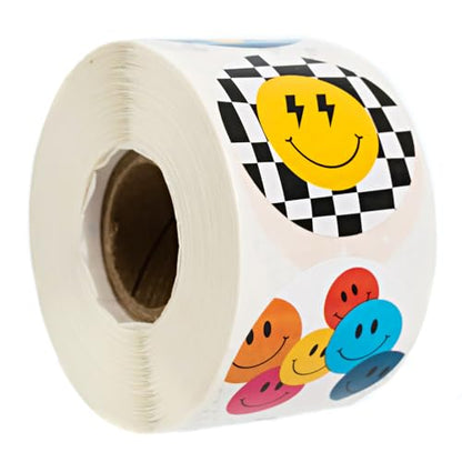 Retro Smiley Face Stickers / 500 Colorful Round Labels Roll / 1.5" Circle Happy Face Sticker / 8 Nostalgic Y2K Bright Designs/Made in The USA - color: Retro Smiley Face