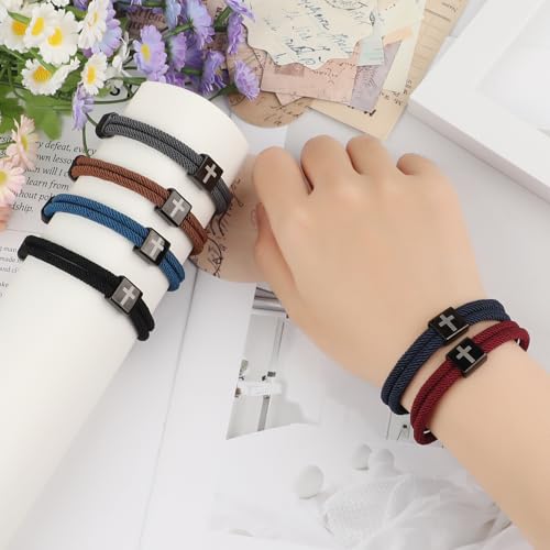 PineHaven 6 Pcs Braided Cross Bracelet for Men Women, Adjustable Christian Rope Cross Bracelet with Metal Knot Religious Gifts - color: deep color