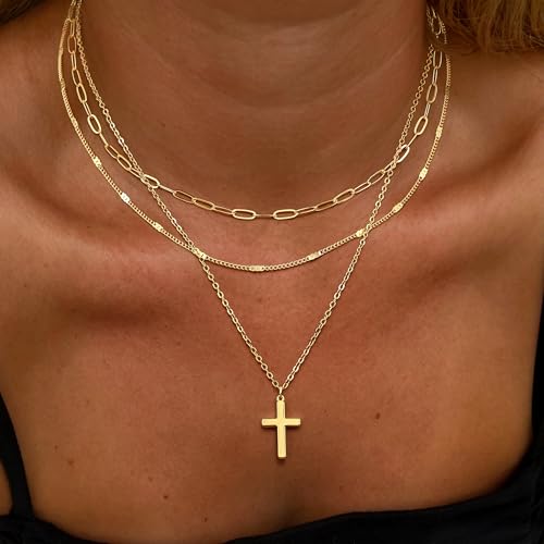 Cross Necklace for Women 14K Gold Silver Plated Small Cross Necklace Dainty Cross Pendant Choker Simple Trendy Cute Sideway Cross Charm Chain Necklaces for Women Trendy Christian Baptism Religious Faith Jewelry Gifts - size: Gold-114