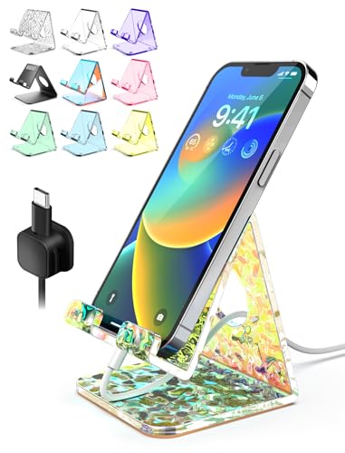 Acrylic Cell Phone Stand, Phone Holder for Office Desk, Vanity, Kitchen Counter, Bedside Table, Compatible with iPhone 17 16 15 14 13 12 11 Pro Max/Smartphones/iPad/Switch - Iridescent Wave