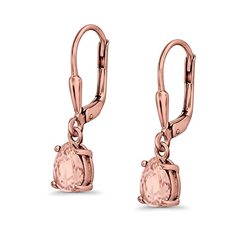 Teardrop Bridal Dangling Leverback Earrings Pear Cubic Zirconia 925 Sterling Silver - color: Rose Tone, Simulated Morganite CZ