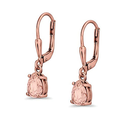 Teardrop Bridal Dangling Leverback Earrings Pear Cubic Zirconia 925 Sterling Silver - color: Rose Tone, Simulated Morganite CZ