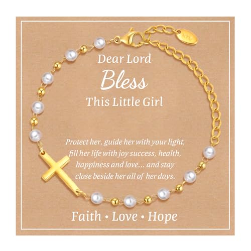 Baby Baptism Cross Bracelet Gift : 18k Gold Plated/Silver Delicate Pearl Cross Bracelets Kids Daughter Granddaughter Birthday First Communion Confirmation Gifts Christian Jewelry for Boys Girls - style: Gold - style A