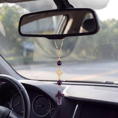Cross for Car Mirror Hanging, Drive Safe Rear View Mirror Cross Ornament Charm for Women, Crystal Car Decor, Peace Hope Healing Christian Gift for Driver Mom Daughter Friends (Amethyst Purple) - color: Amethyst Purple
