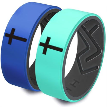 XAHH 2PCS Silicone Ring Set for Men Women,Classical Simple Christian Cross Religious Couple Rubber Wedding Bands - style: Green Blue