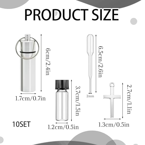 10 Pcs Holy Oils Bottle Anointing Oil Bottles Keychain Vial with Eyedropper Cross Pendant for Travel Baptism Favor Church Wedding Communion Favor (Silver)